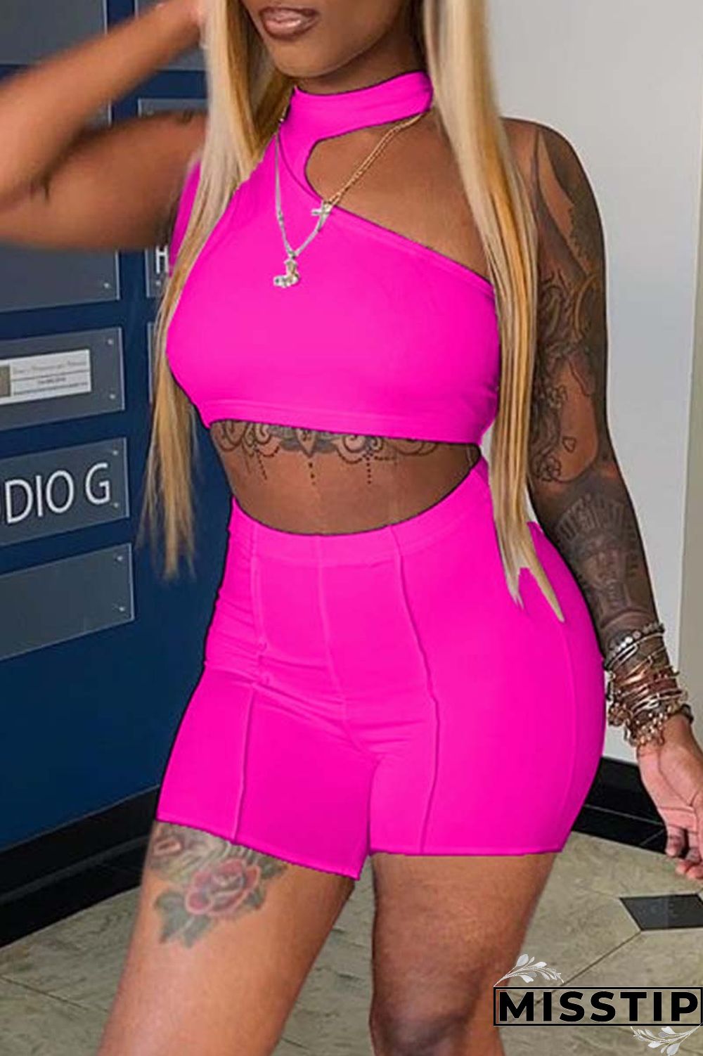 Orange Sexy Casual Solid Hollowed Out Half A Turtleneck Sleeveless Two Pieces