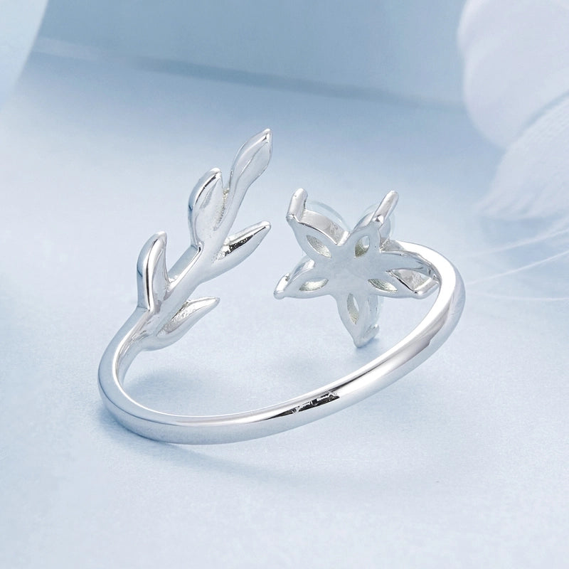 White Gold Plated 925 Sterling Silver Opal Leaf Flower Open Rings