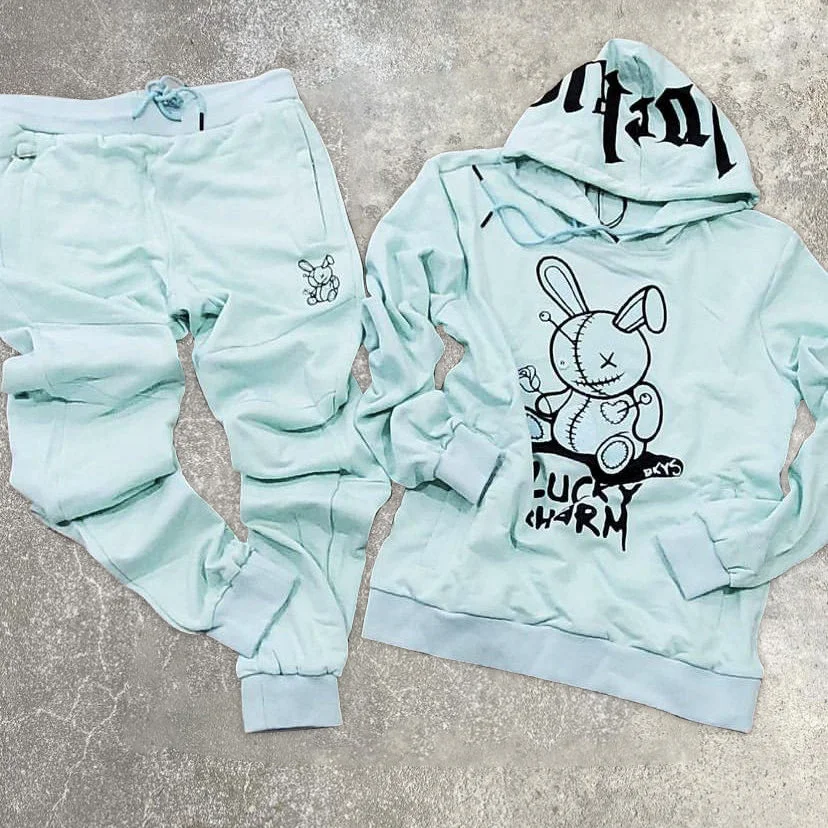 Fashionable Personality Street Style Rabbit Print Casual Long Sleeve Sweatshirt Set