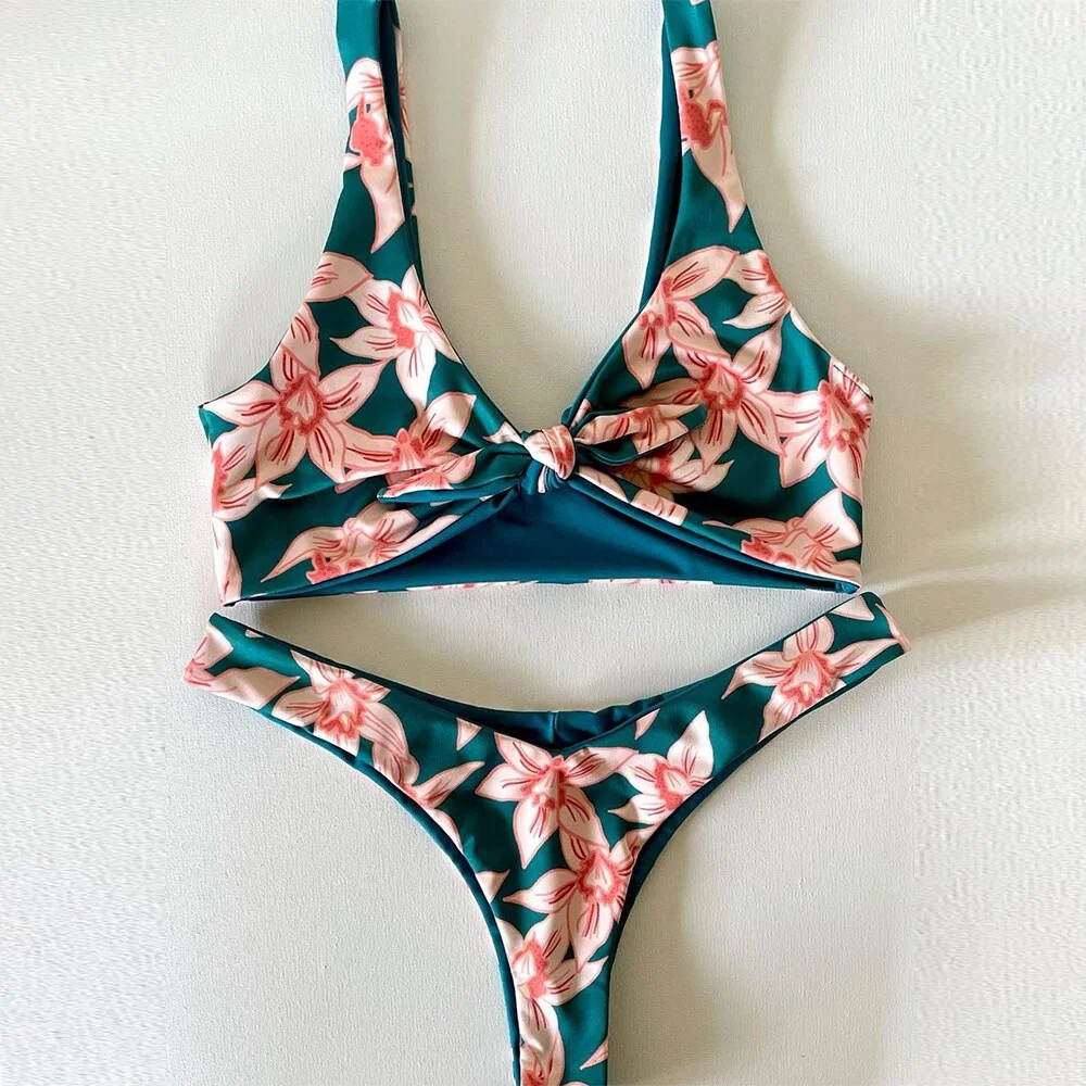 Ruffled Bikini Set 2020 Sexy Flounce Biquini Swimwear Women Swimming pants Swimsuit Floral Beachwear V-neck Bathing Suit