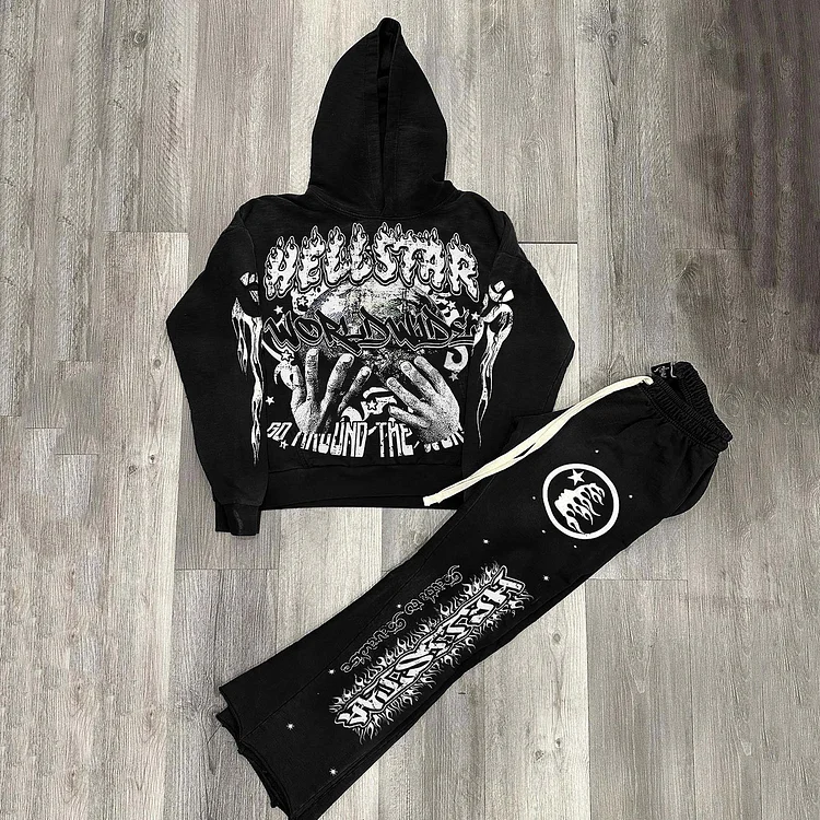 Vintage Hellstar Worldwide Graphic Hip-Hop Hoodie & Flared Trousers Two Piece Set