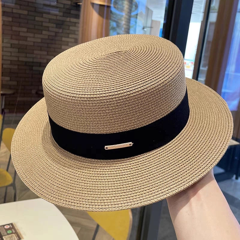 Women’s Vacation Color Block Flat Eaves Straw Hat