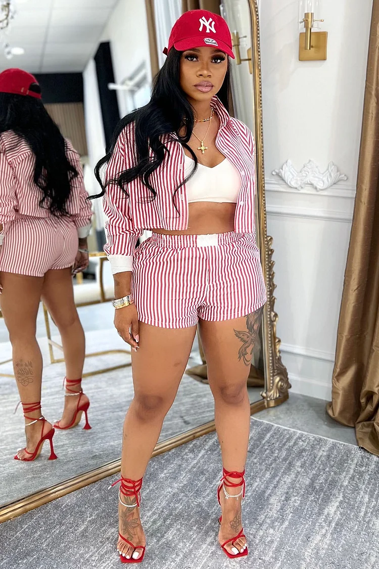 Pinstripe Long Sleeve Crop Blouse Shorts Daily 2pcs Set-Red [Pre Order]