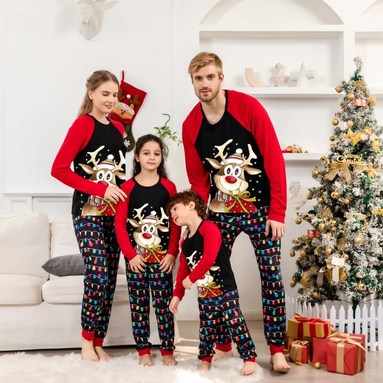 Reindeer and Gifts Print Christmas Lights String Pants Family Matching Pajamas Sets