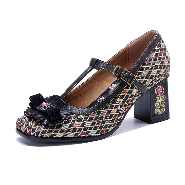 Women's Mary Jane Shoes Geo Blocking Printed 3D Flower Mary Jane Retro Hgh Heels Shoes