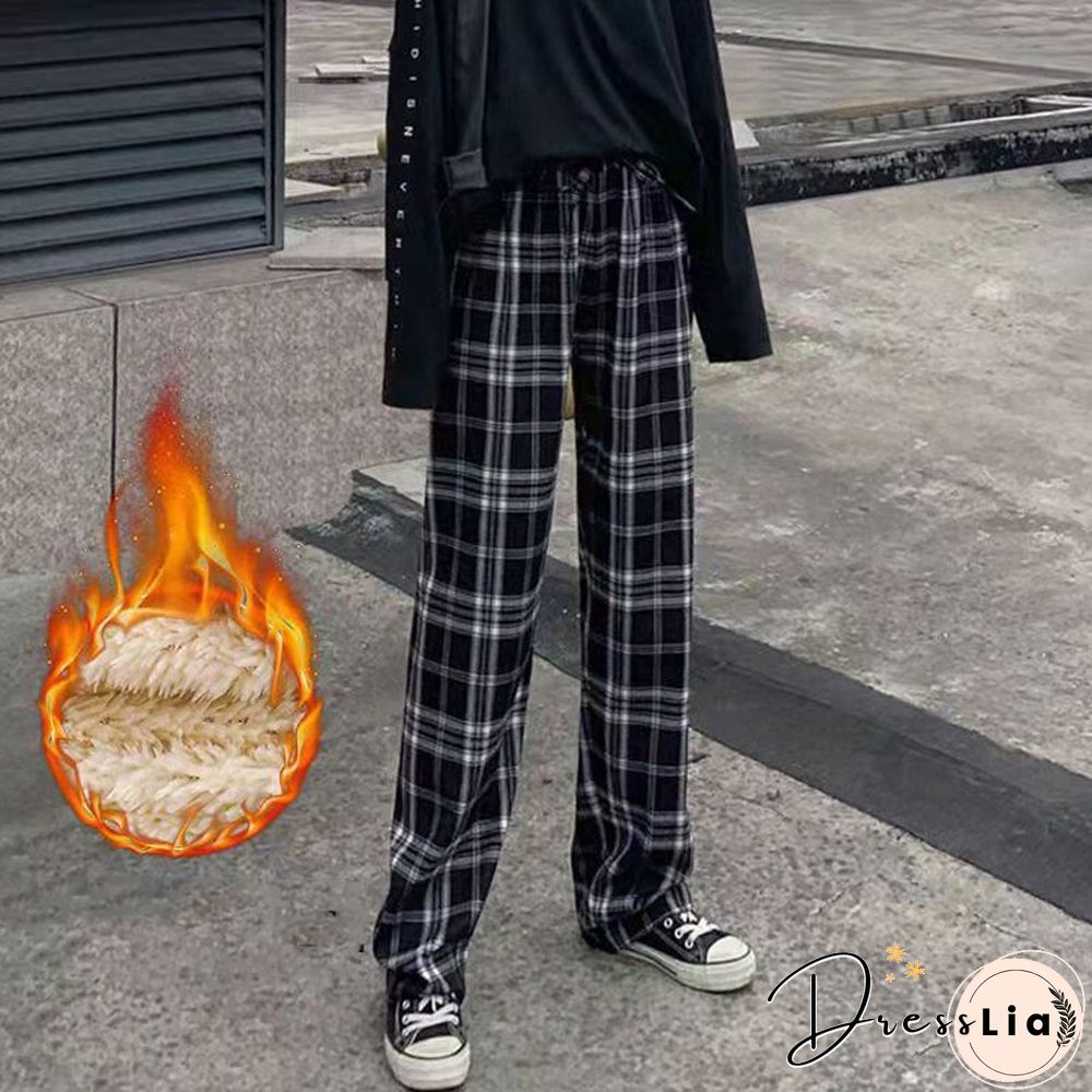 Fashion Spring Winter Warm Plush Plaid Pants Women Casual Loose Wide Leg Trousers Korean Streetwear Straight Student Pants New