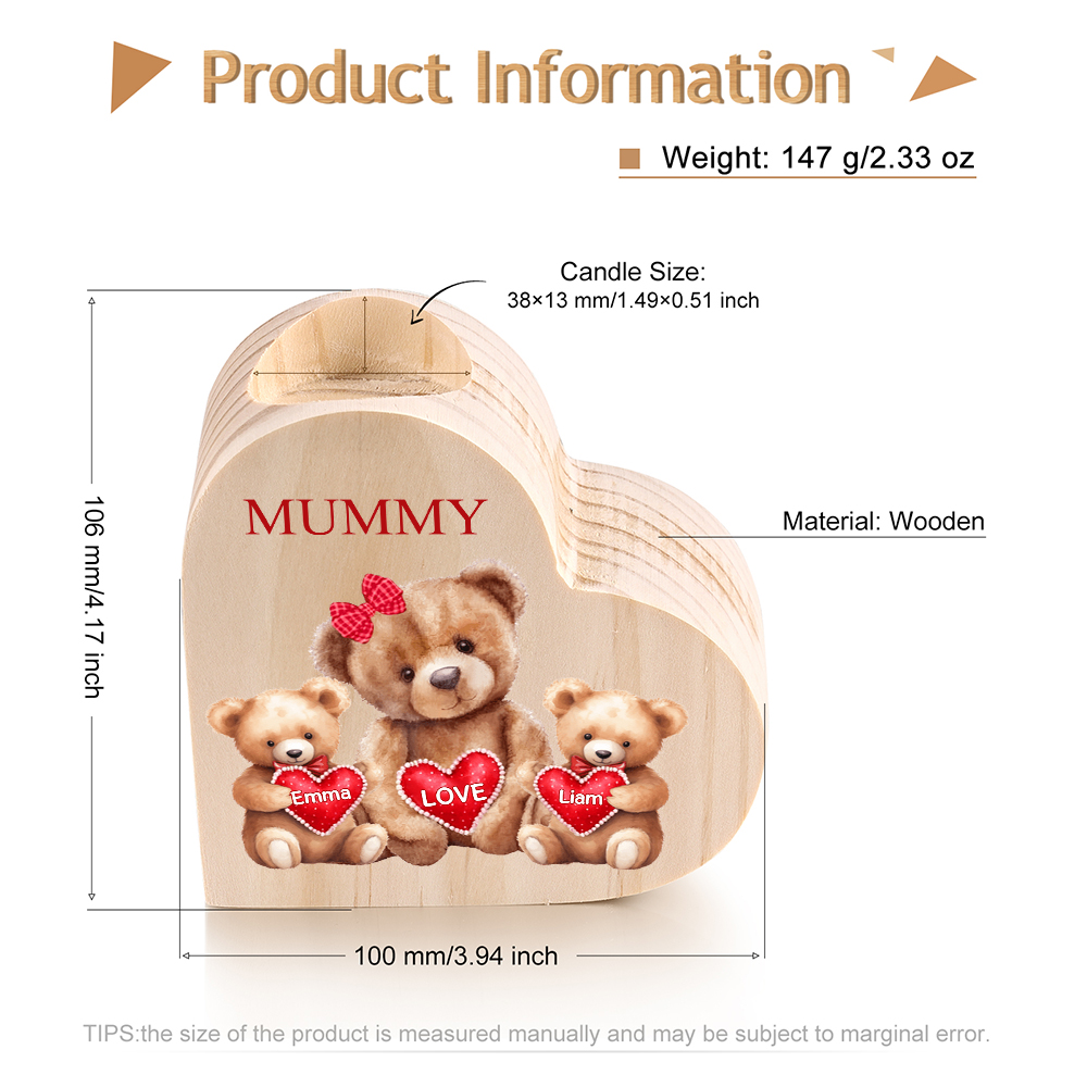 Personalised 2 Names & 1 Text Candle Holder Teddy Bear Wooden Candlestick Gifts for Grandma/Mother-Jessemade AU