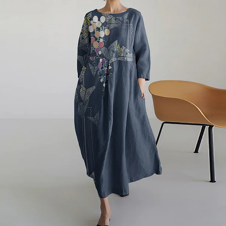 Comstylish Flower Print Round Neck Loose Midi Dress