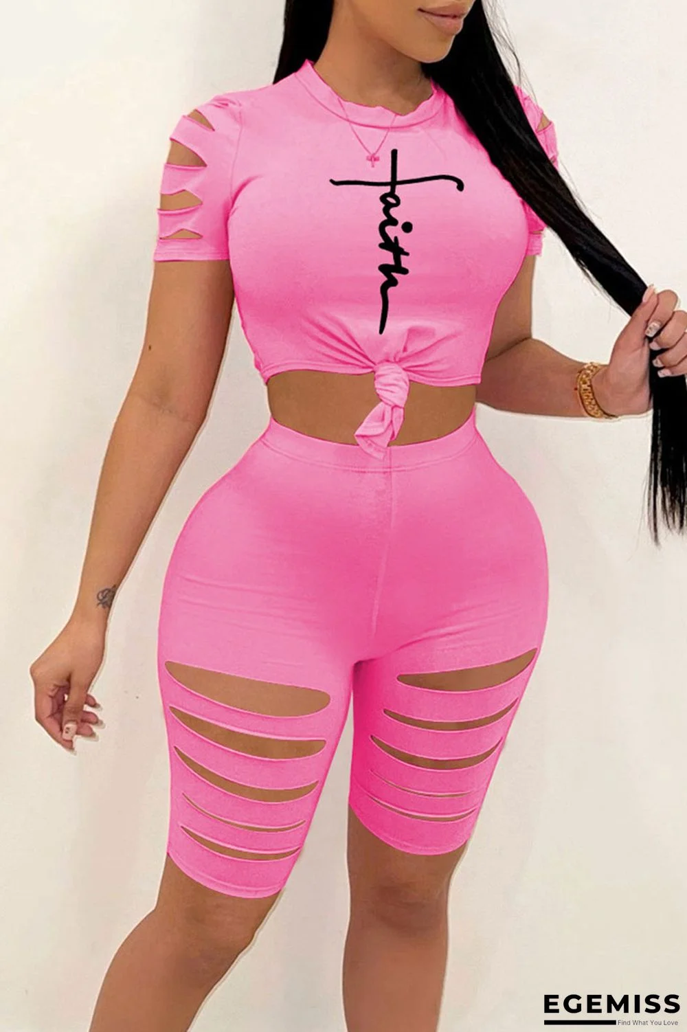 Pink Sexy Print Hollowed Out Patchwork Short Sleeve Two Pieces | EGEMISS