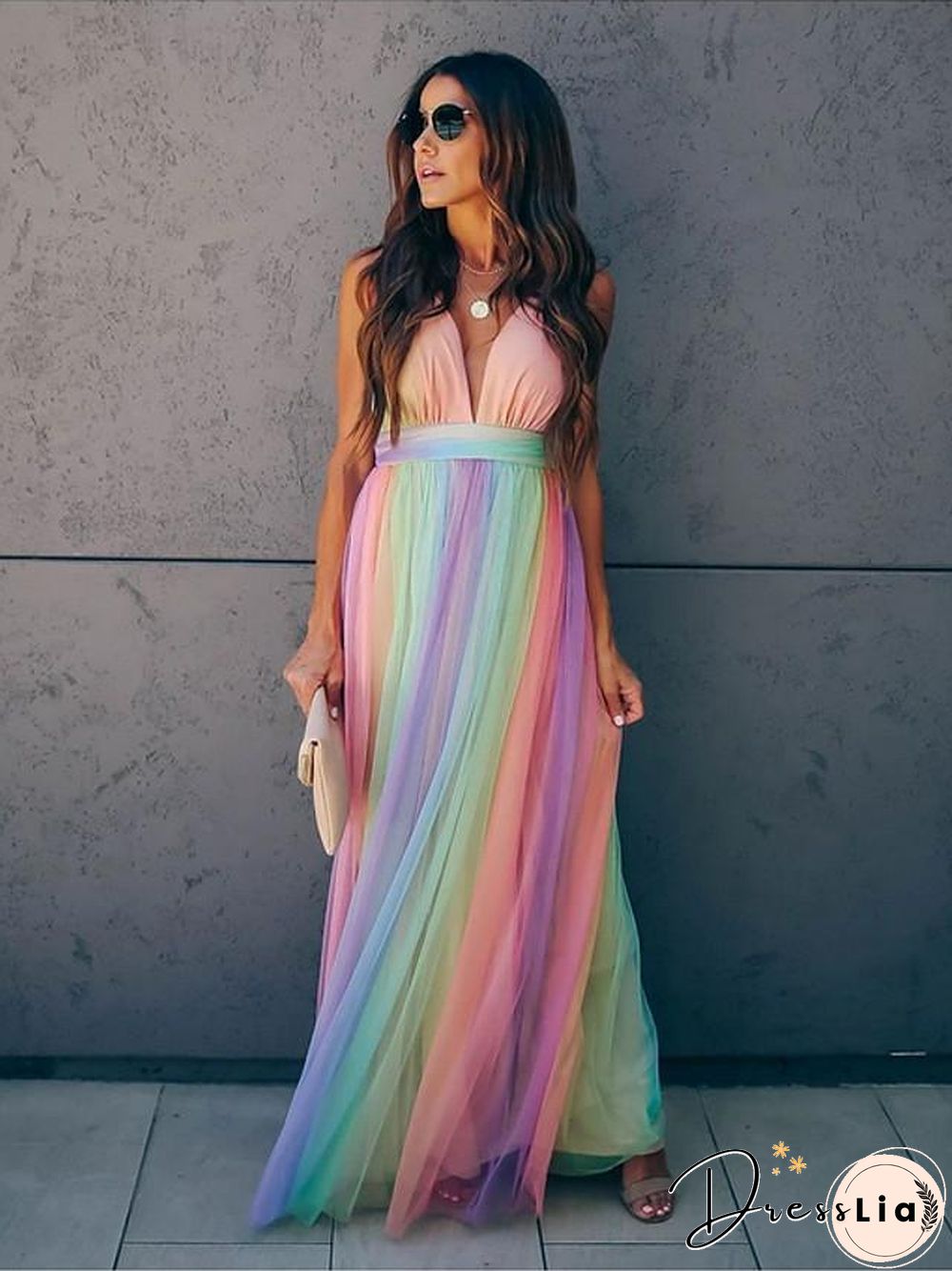 Women's Swing Dress Maxi long Dress Sleeveless Print Zipper Mesh Summer Sexy Rainbow S M L XL XXL