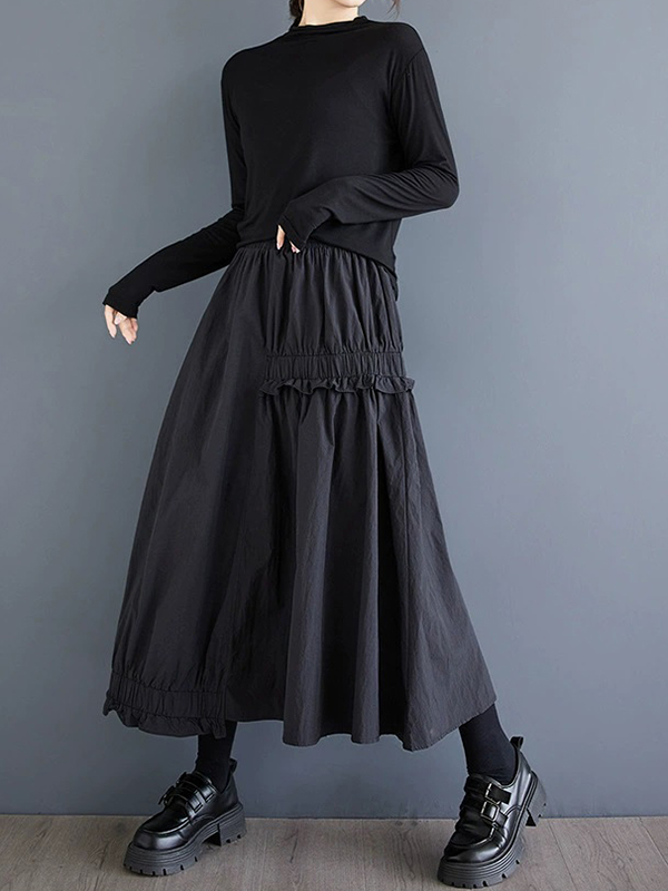 Ruffled Pleated High Waist Solid Color Skirt