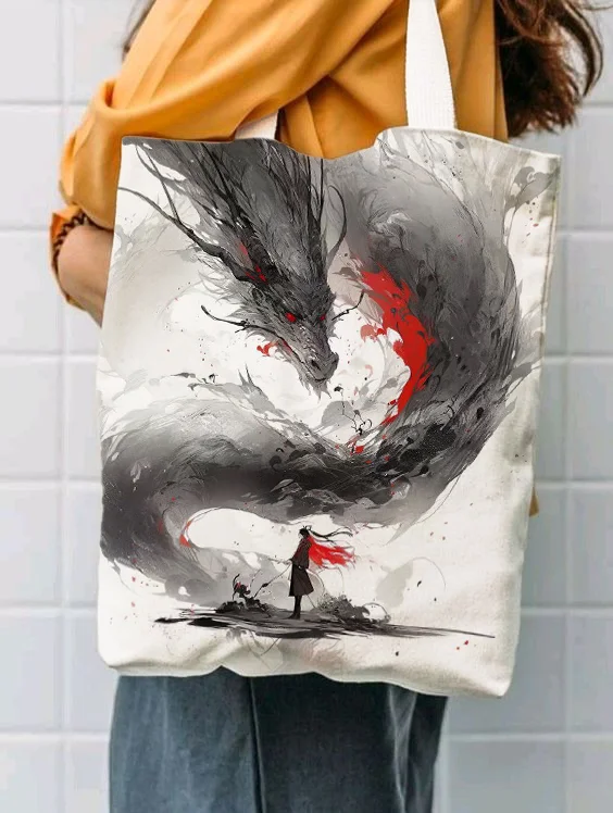 Women's Japanese Dragon Ink Painting Art Print Shoulder Tote Bag