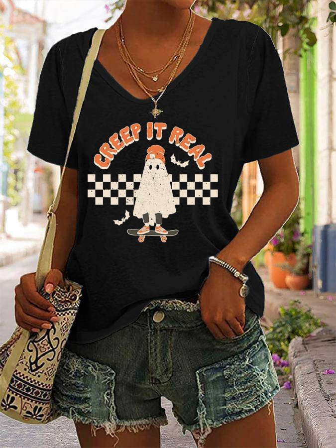 Women's Retro Vintage Ghost Halloween Creep It Real Print Casual T-Shirt