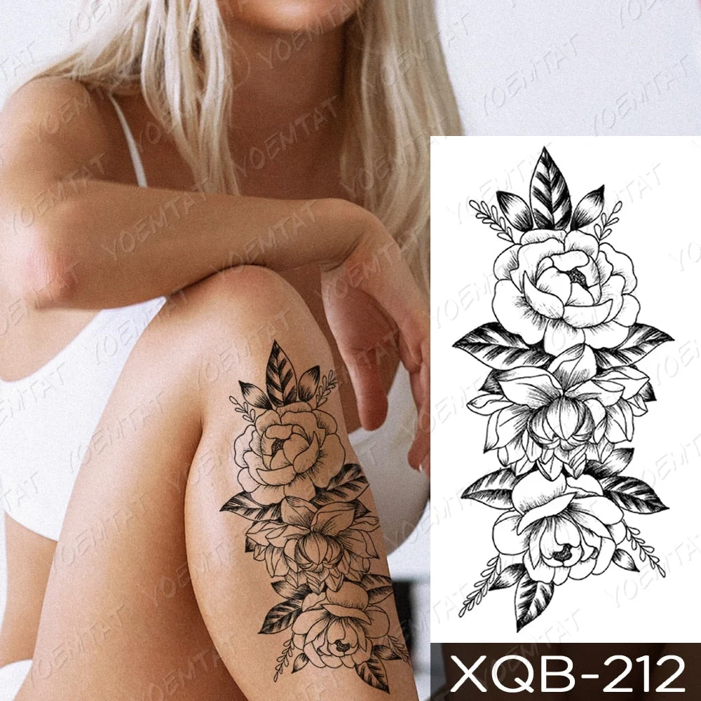 Waterproof Temporary Tattoo Sticker Line Rose Peony Snake Flash Tattoos Simple Flowers Body Art Arm Fake Sleeve Tatoo Women