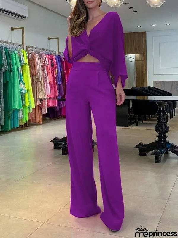 Solid Color Triangle Bras + Three-Quarter Sleeves Blouse + Pants Trousers Three Pieces Set