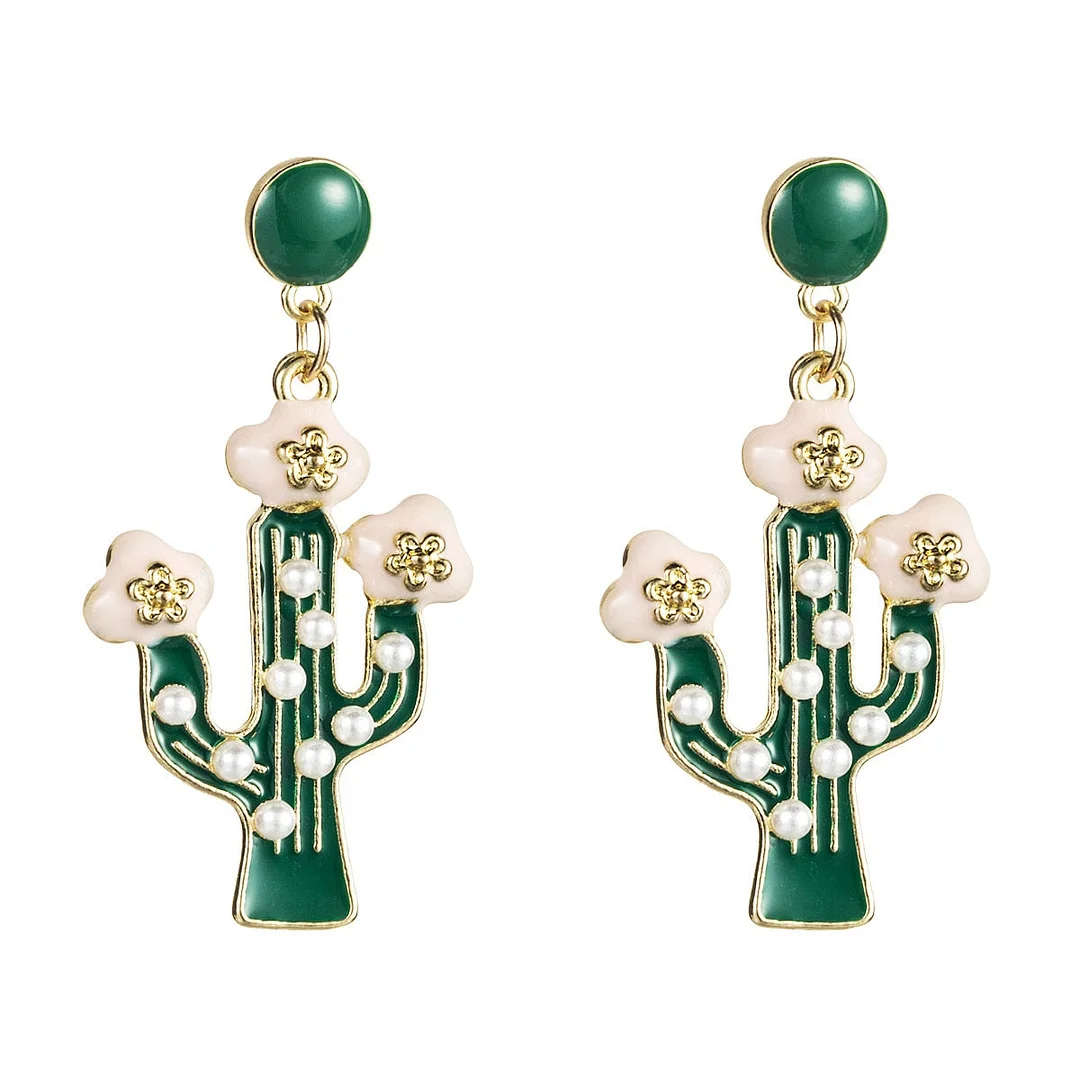 Dvacaman Cute Colorful Rhinestone Cactus Earrings for Women Boho Handmade Green Beaded Cactus Drop Dangle Earrings Jewelry Party