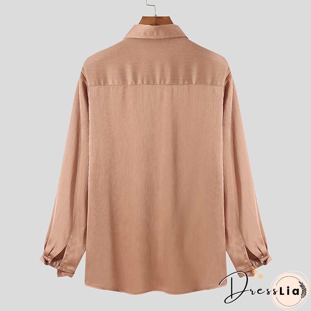 Fashion Men Long Sleeve Silky Shirts Bow Flounce Dance Loose Blouse Tee Tops