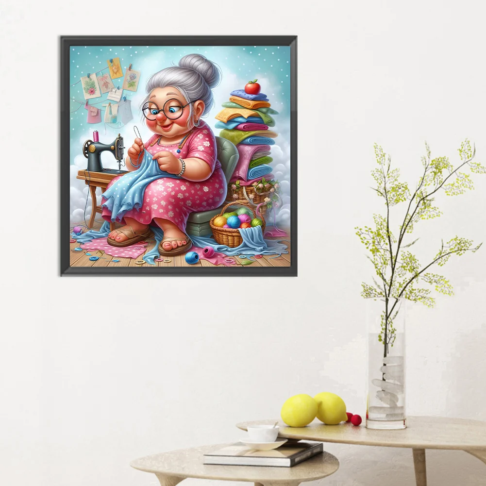 Diamond Painting - Full Round Drill - Old Lady Sewing(Canvas|30*30cm)