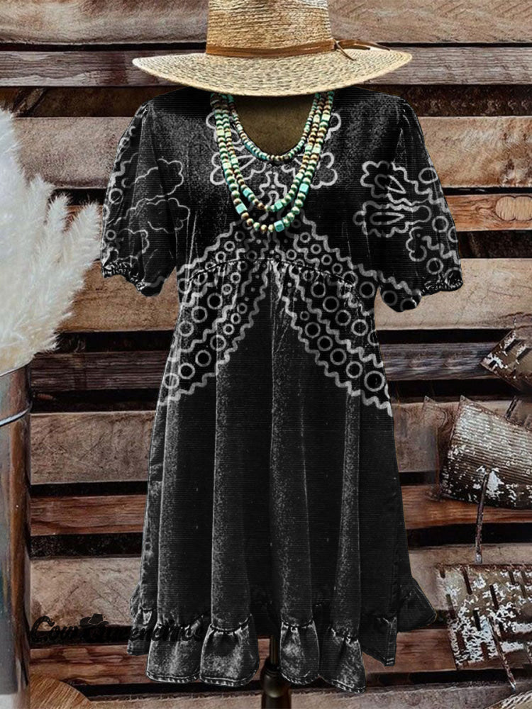 Women’s Vintage Western Print Pocket Cotton Dress Multicolor / S