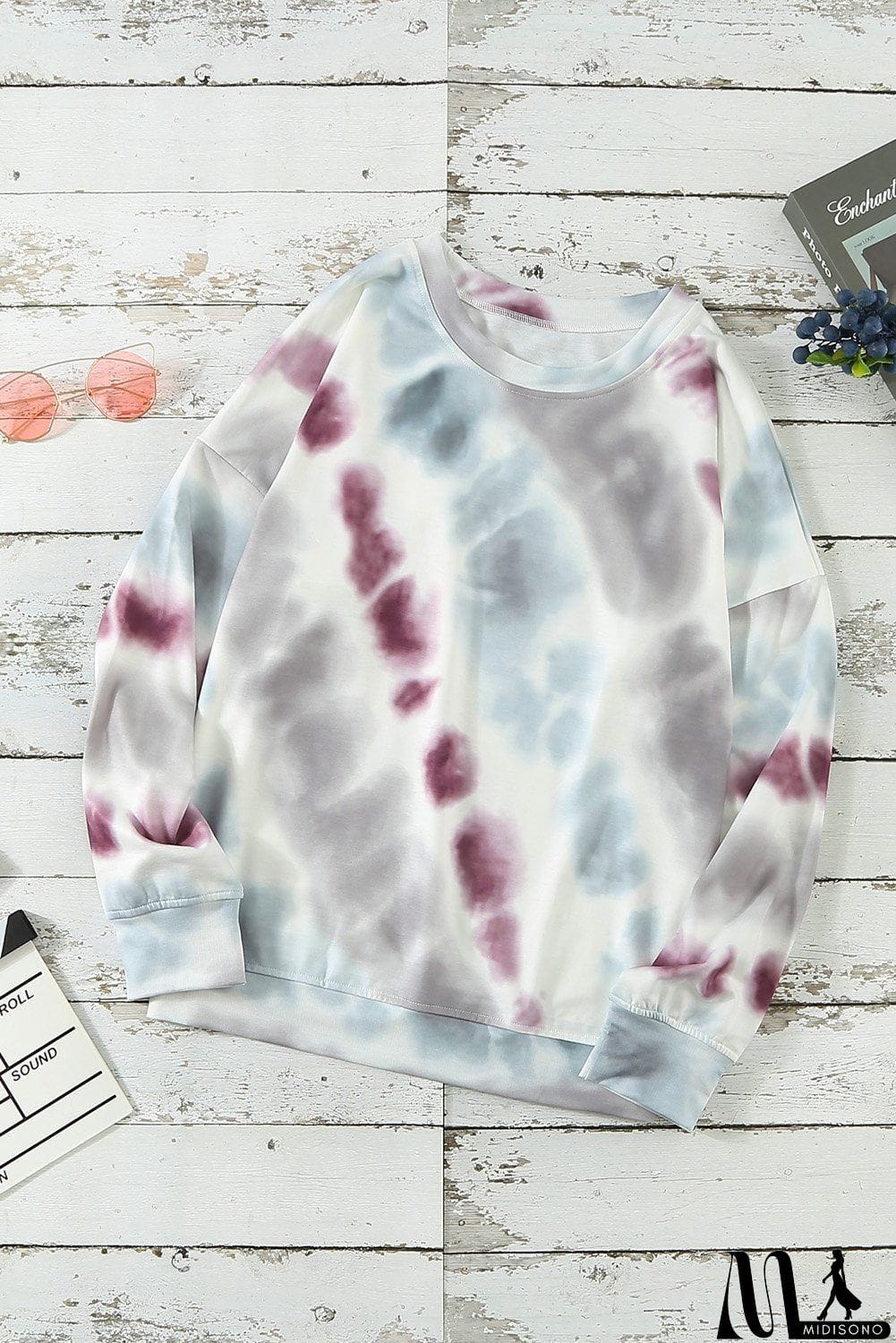 MidiSono - Women Gray Casual Tie-dye Round Neck Sweatshirt