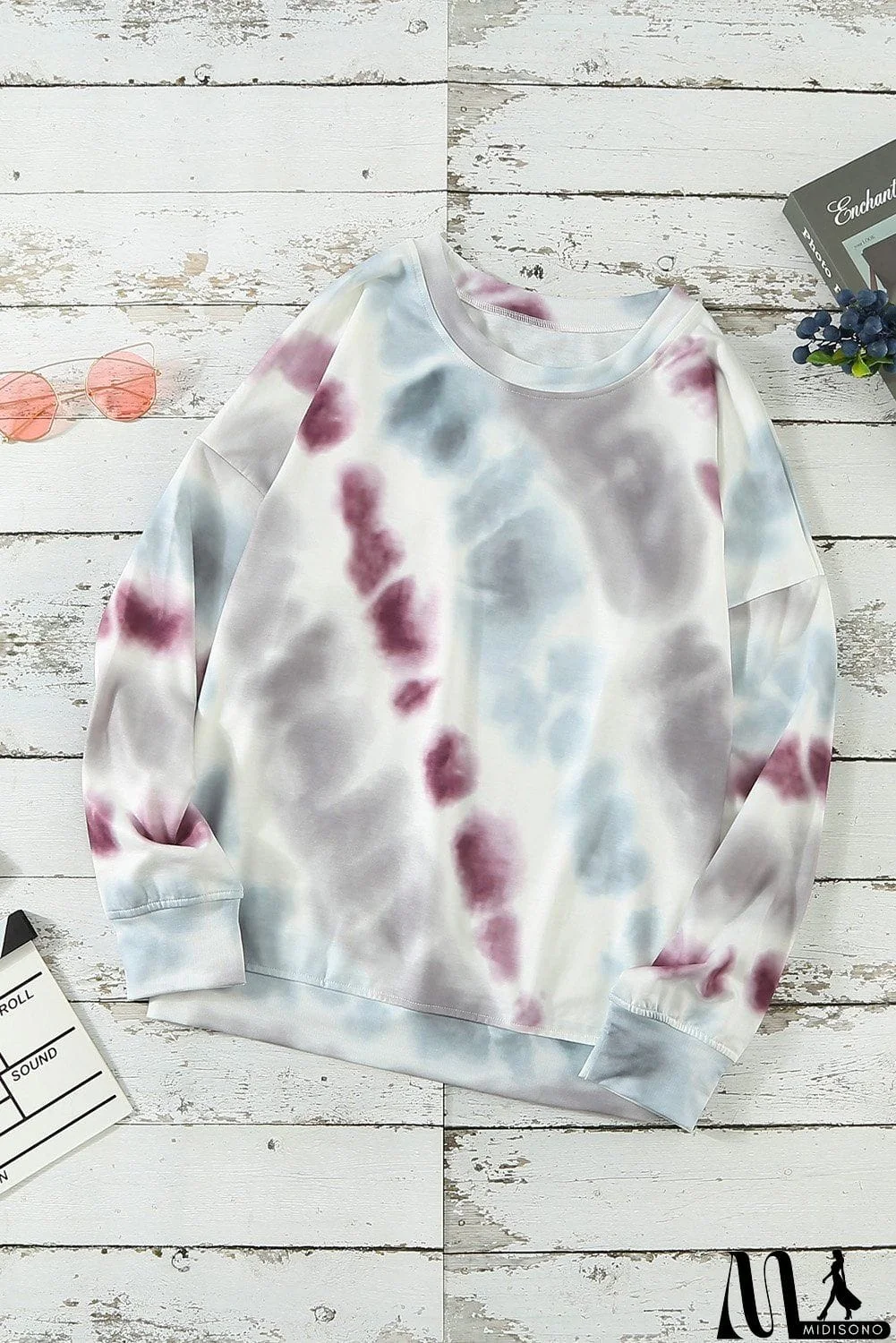 MidiSono - Women Gray Casual Tie-dye Round Neck Sweatshirt