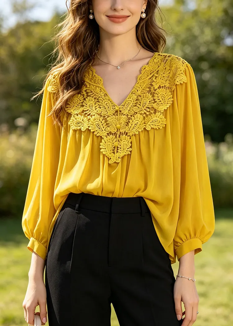 Art Yellow Oversized Patchwork Hollow Out Chiffon Blouses Summer