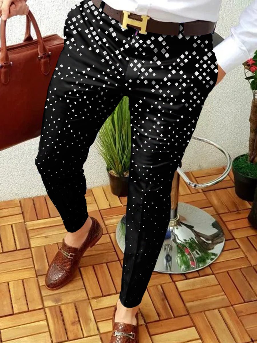 Men's Casual Black and White Geometry Printed Suit Pants