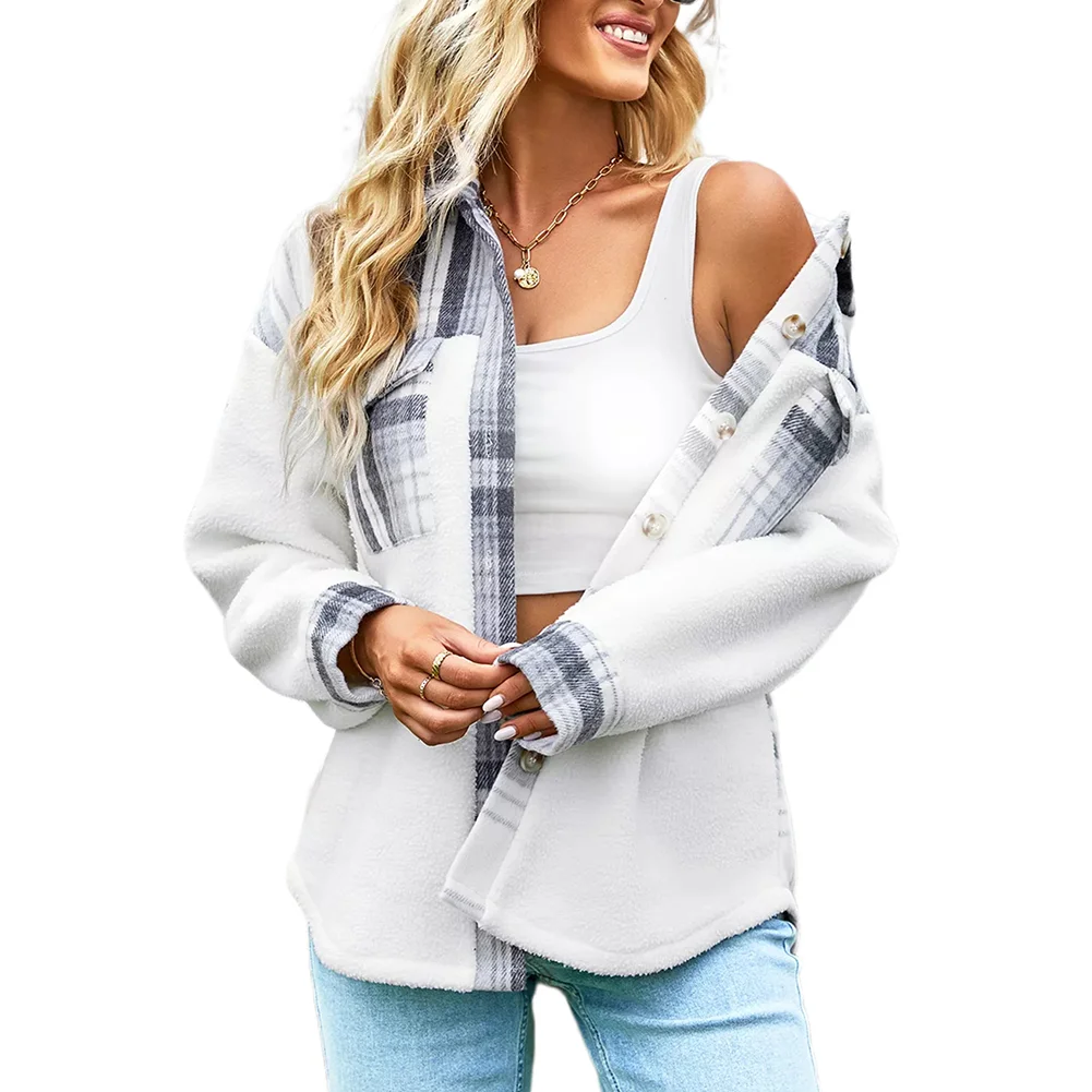 Gray Plaid Patchwork Buttoned Pockets Jacket