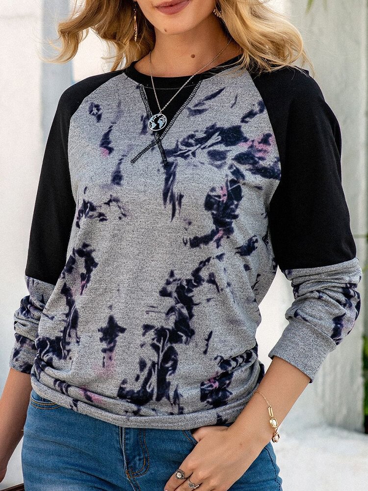 Tie Dye Patchwork Print O neck Long Sleeve Casual T Shirt For Women P1799177