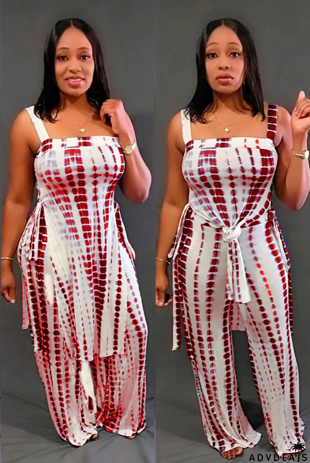 Casual Print Sling Split Top Pants Two Piece Set