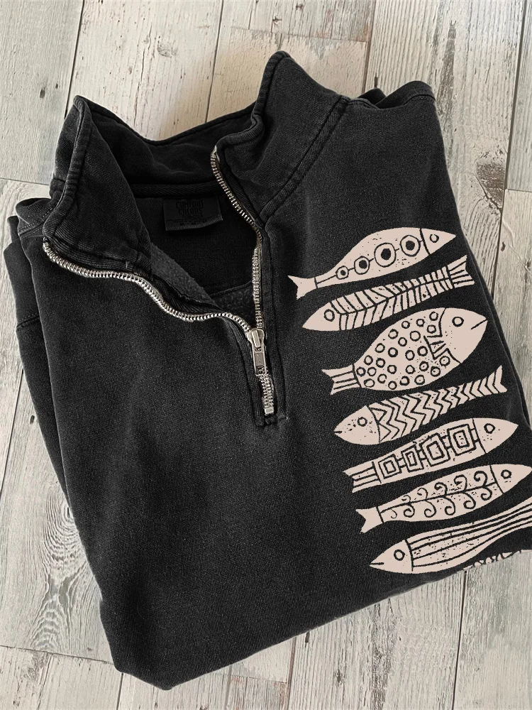Fish Japanese Lino Art Zip Up Sweatshirt
