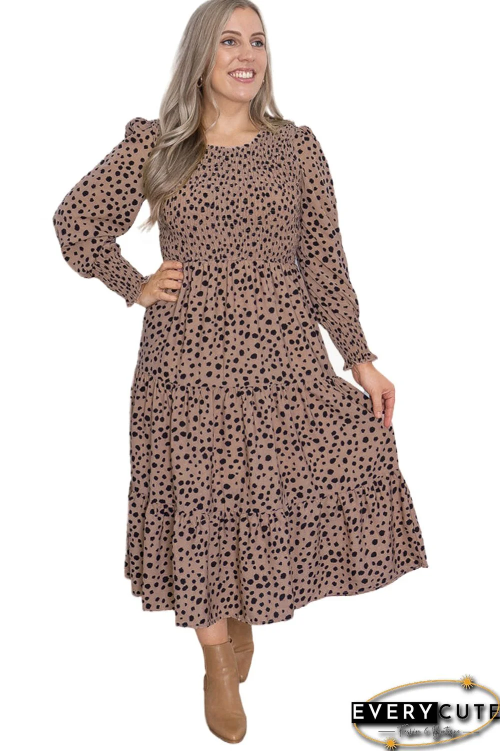 Pink Plus Size Leopard Print Smocked Tiered Dress
