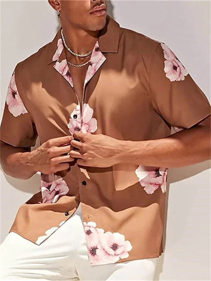 Men's Summer Printed Shirt Casual Tops Brown Short Sleeve Lapel Shirt