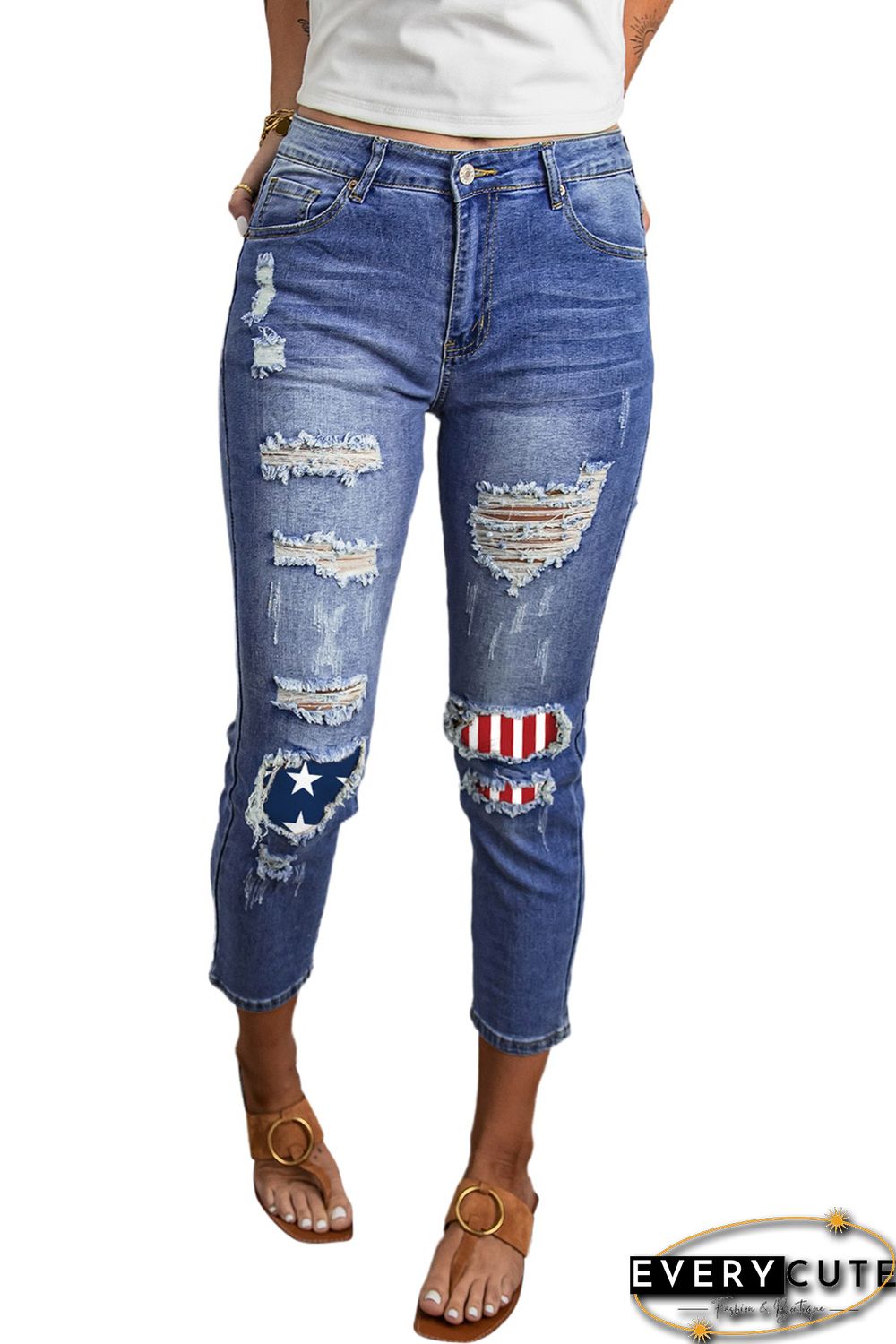 US Flag Patchwork Distressed Slim-fit Boyfriend Jeans