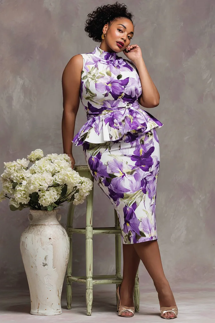 Xpluswear Design Plus Size Cocktail Party Elegant Purple Floral Mock Neck Ruffle Bodycon Two Piece Skirt Sets [Pre-Order] 2024 - Xpluswear
