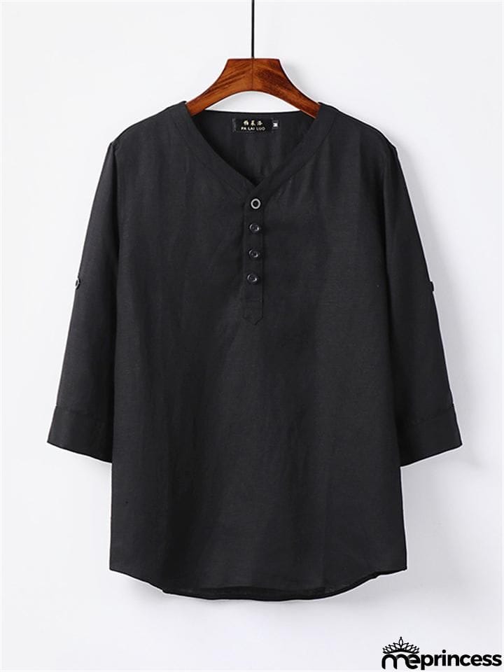 Mens Loose Comfy Linen Solid Color Long Sleeve T-Shirts