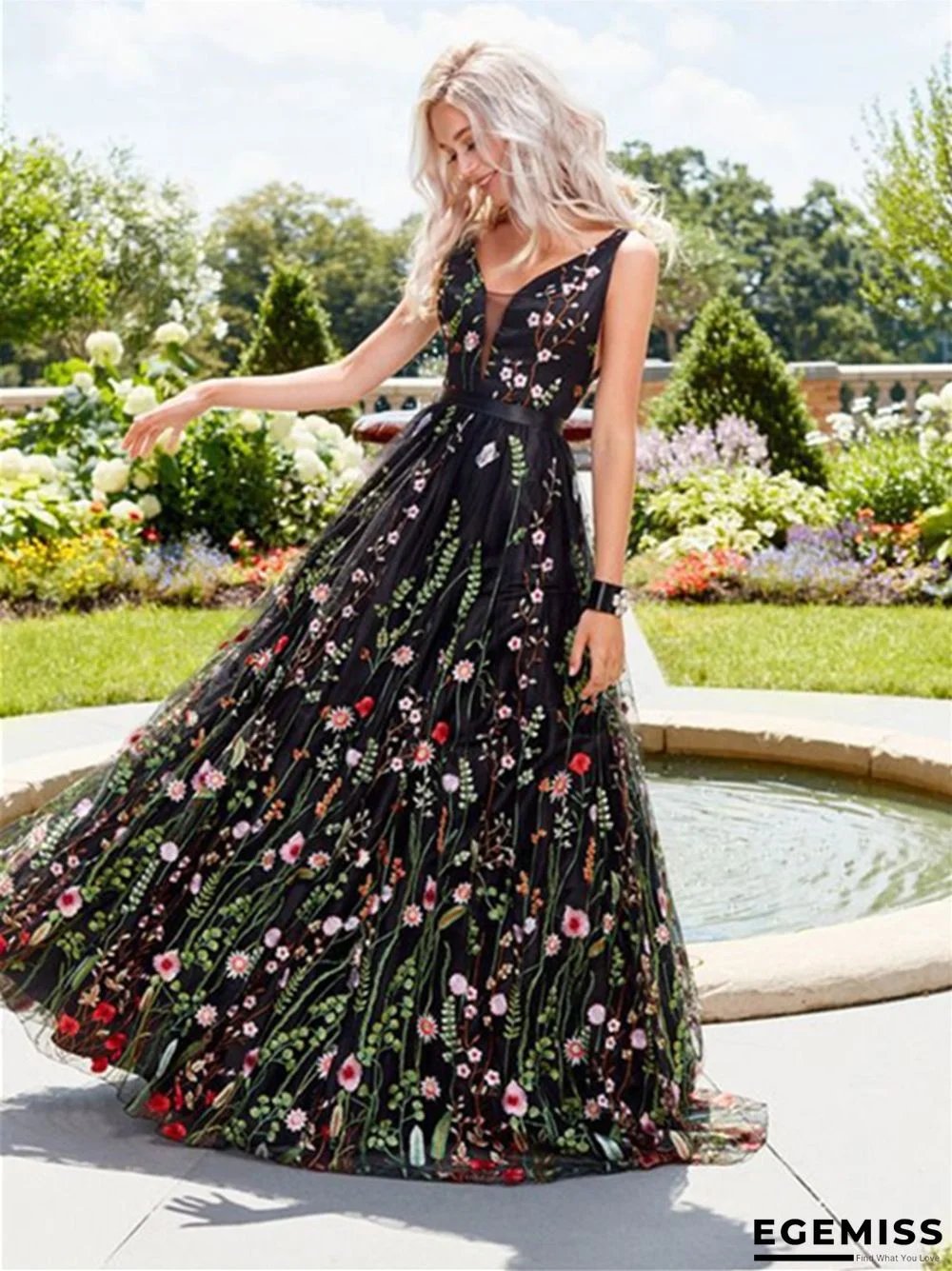 Sexy Deep V Slim Backless Big Hem Dress Sleeveless Embroidered Long Dress | EGEMISS