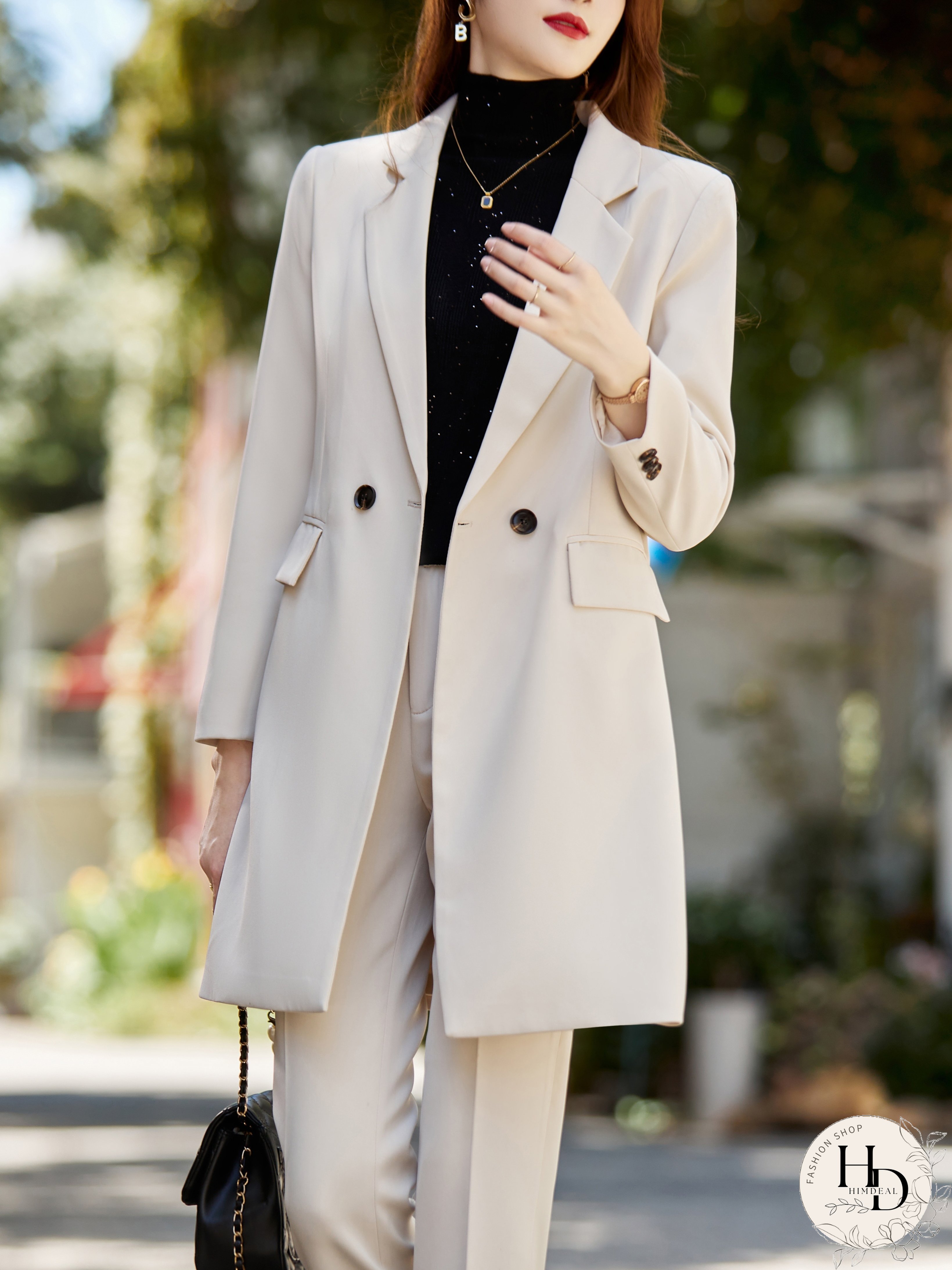 Solid Notched Collar Blazer, Elegant Dual Pockets Long Sleeve Blazer For Office & Work, Women's Clothing