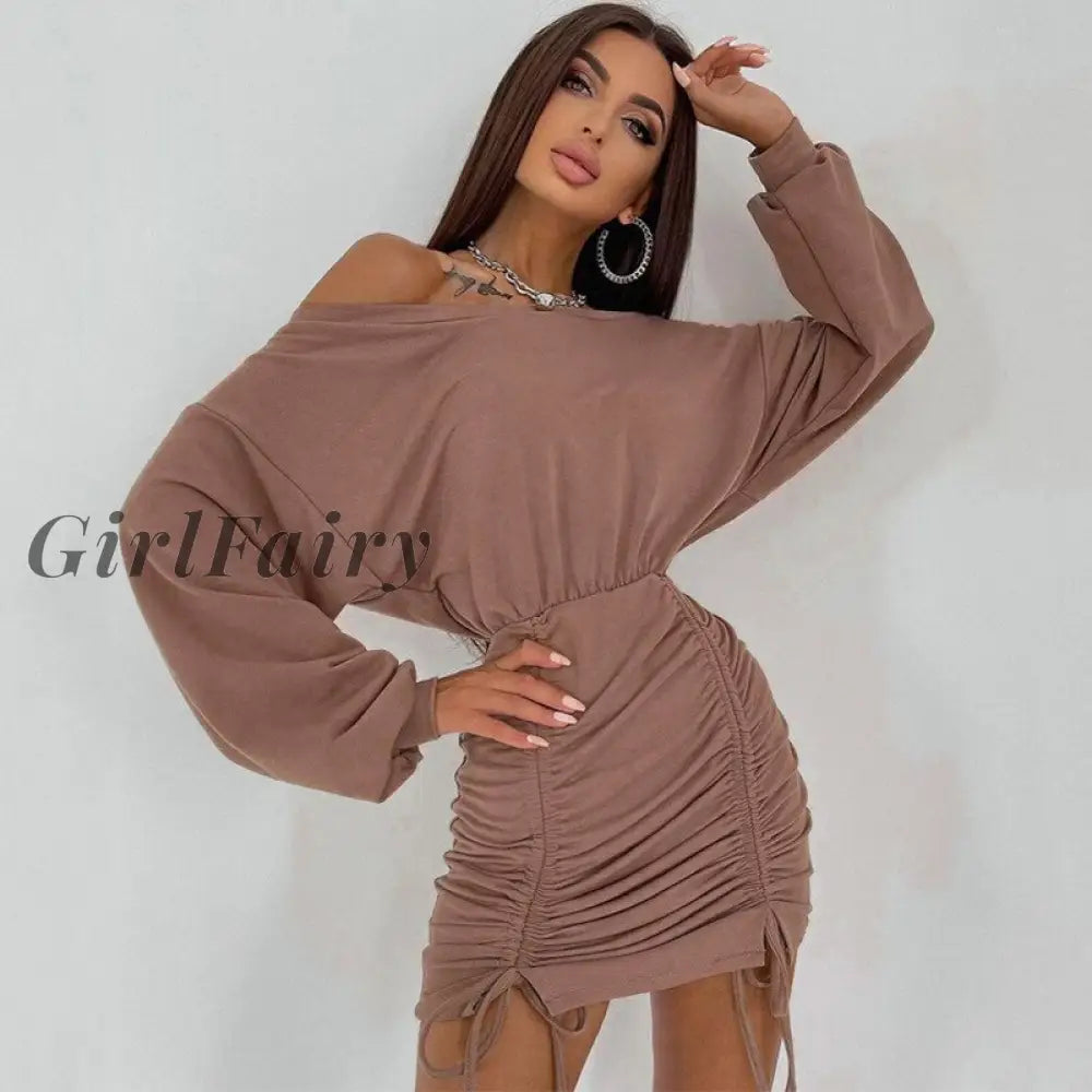 Solid Long Sleeve Mini Dress For Women Autumn Drawstring Ruched Bodycon Dresses Elegant Party