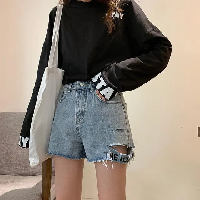 Shorts Women Summer Denim High Waist Holes Ripped Letter Embroidery Womens BF Street Wear Ulzzang Students Fur-line Leisure New