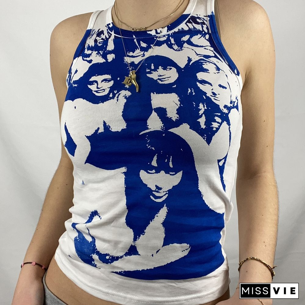 Women Trendy Portrait Letter Printed Tank Tops Summer Vest Female Round Neck Sleeveless Slim Fit Crop Tops