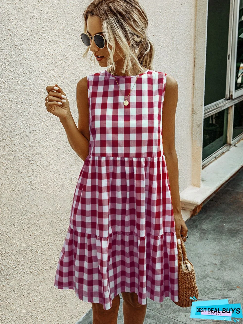 Fashion Round Neck Plaid Loose Female Plaid Dress Cake Skirt