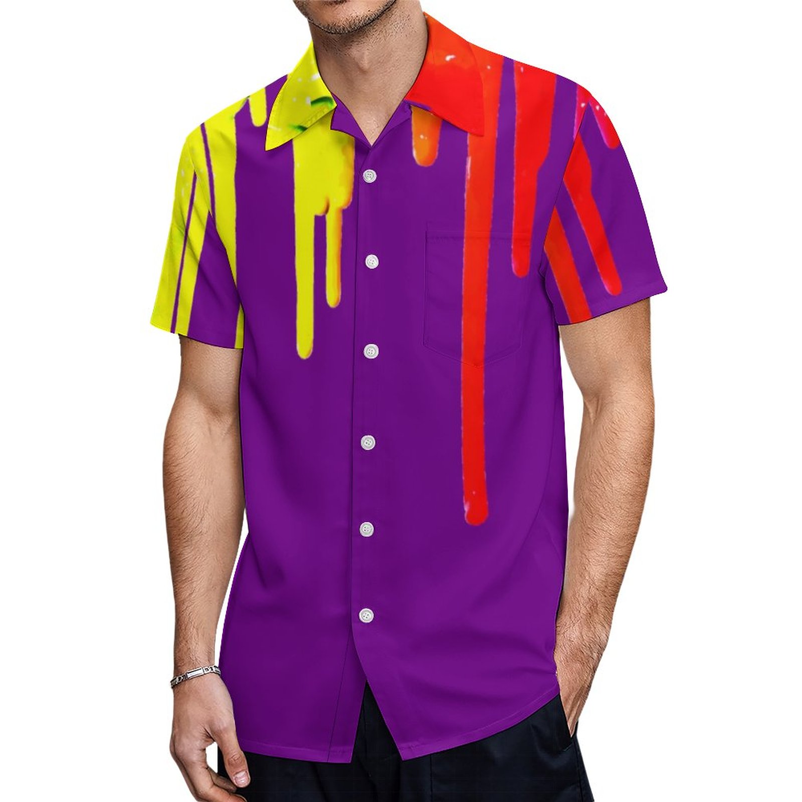 Dripping Paint Palette Purple Rainbow Colors Hawaiian Shirt Mens Button Down Tropical Hawaii Beach Shirts
