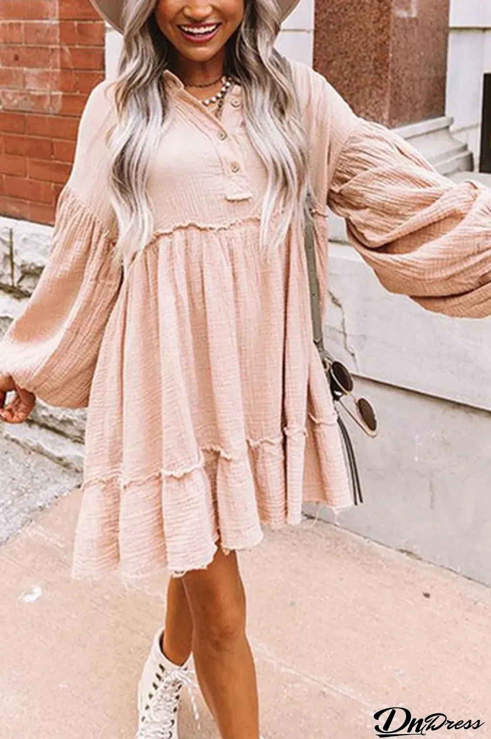 Oatmeal Crinkle Distressed Puff Sleeve Flared Dress