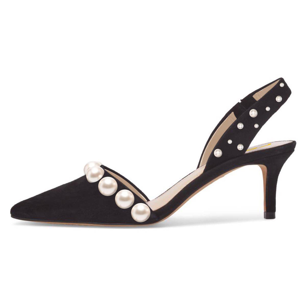 Black Suede Almond Toe Kitten Heel Slingbacks with Classic Pearl Nicepairs