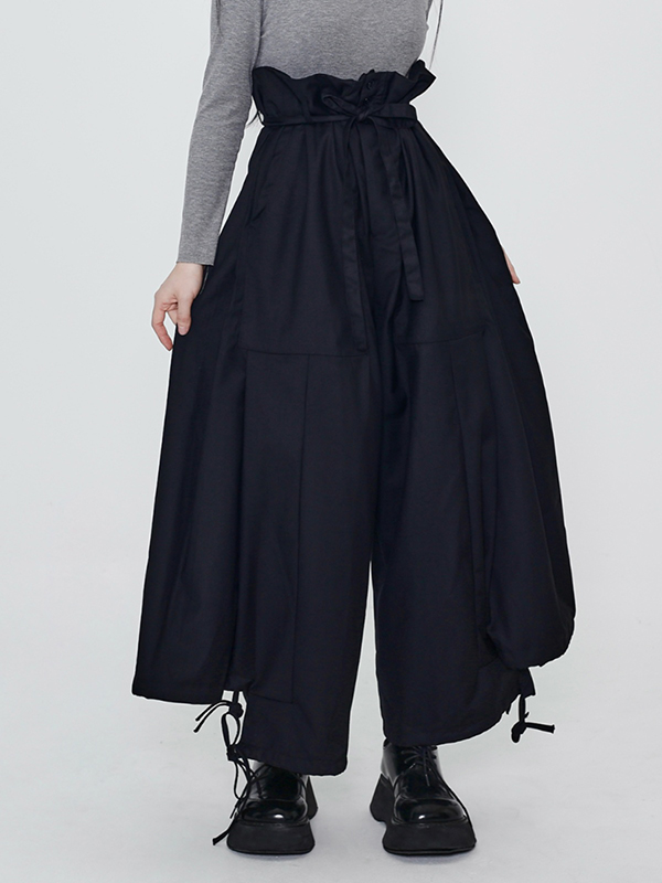 Lace-Up High Waist Solid Color Wide Leg Pants