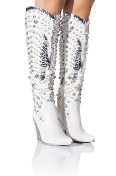 VCSHOES Women Rhinestone Black/white Knee High Boots Western Cowboy Boots Clear Glitter Bling Shiny Pointed Toe Block Heel Boots 44