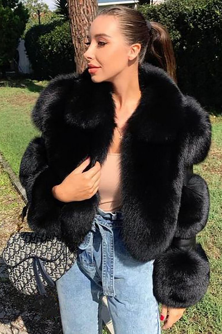 Faux Fur Turndown Coat Patchwork Crop Coat
