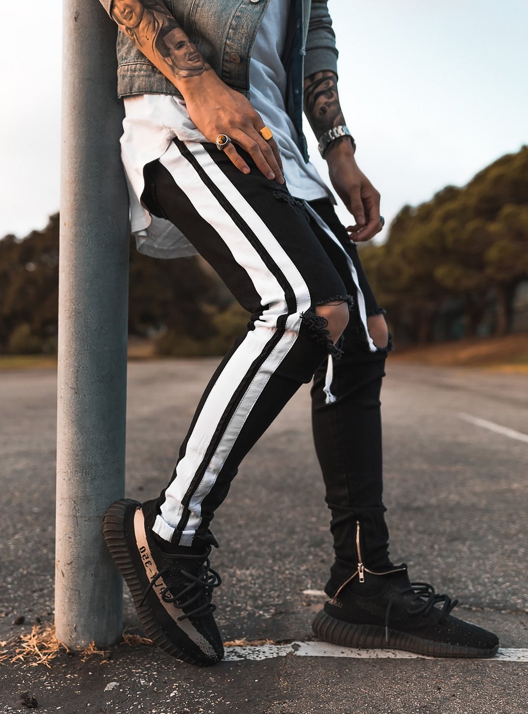 Double Striped Track Jeans V2 in Black and White
