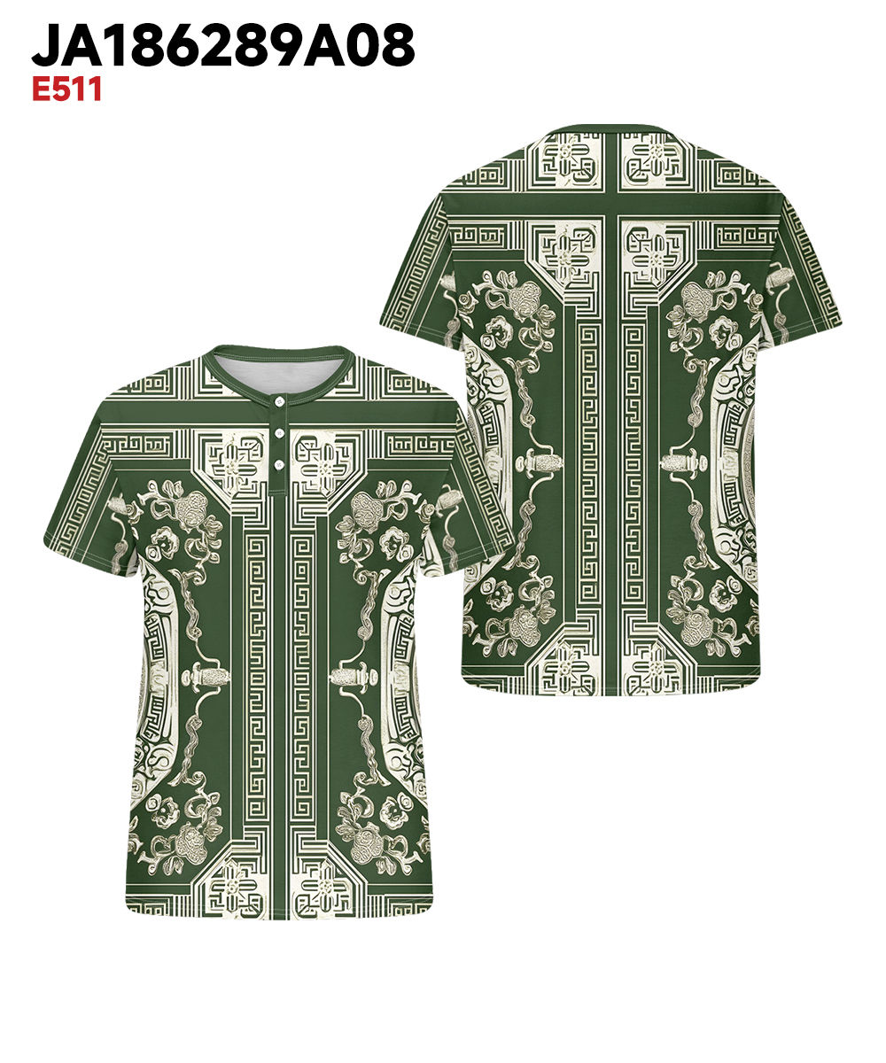 Men's Plus Size Casual Daily Green Vintage Pattern Printed Henry Collar Button Short Sleeve T-Shirt